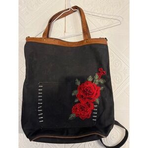 Mona B Black Canvas Tote Bag Red‎ Rose Embroidery Leather Trim Boho Upcycled